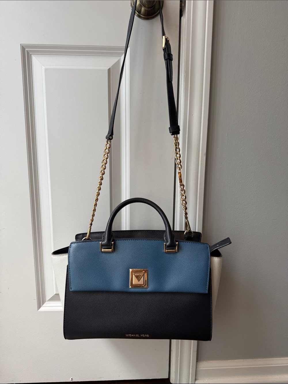 Michael Kors Navy,Blue & White Colorblock Leather Satchel with Gold Chain